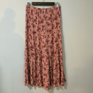 Boho Cottagecore Floral Midi Skirt Tiered Flowy Crinkle Rayon Elastic M